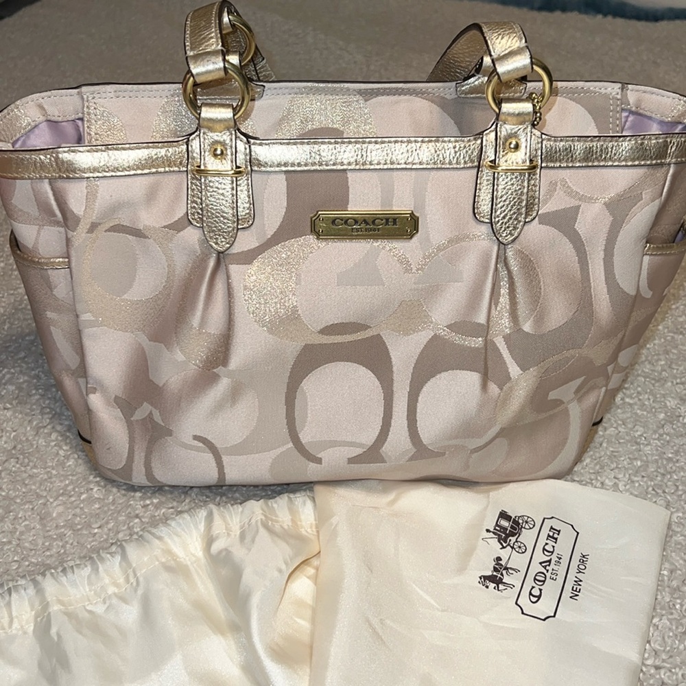 COACH GALLERY OPTIC METALLIC SIGNATURE fabric with leather trim VINTAGE EUC